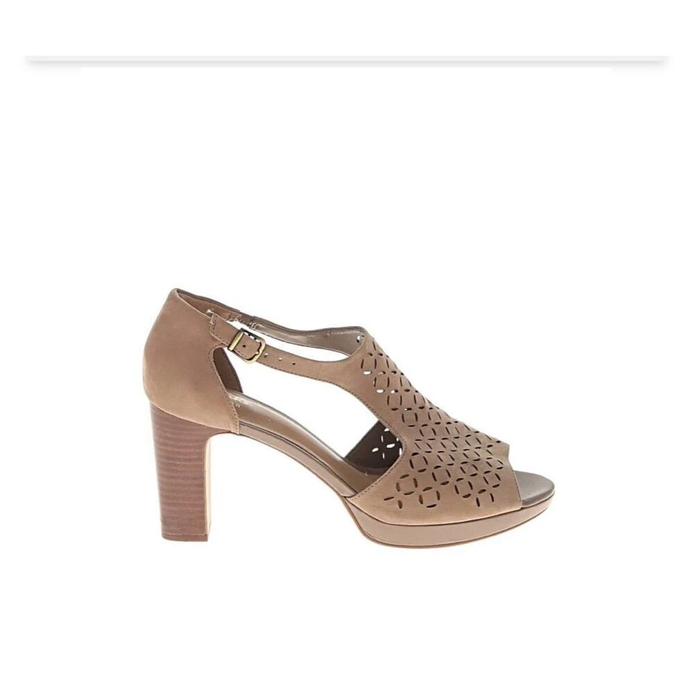 Clarks Artisan Women's Jenness Energy Peep-Toe Sandals in a neutral tan or taupe